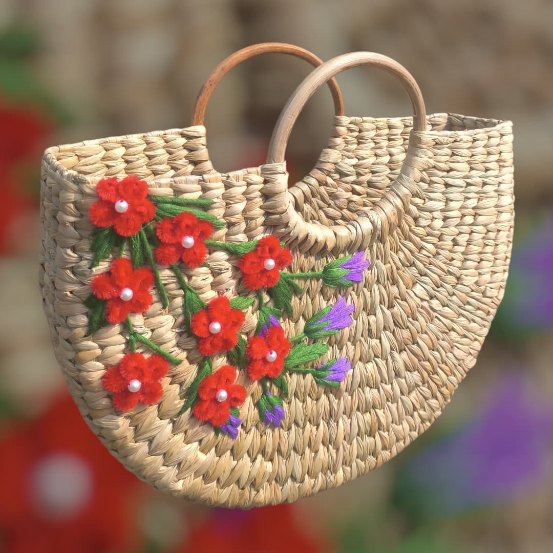 Kauna Grass Floral Handwoven Tote Bag(Hand-embroidered red flowers)