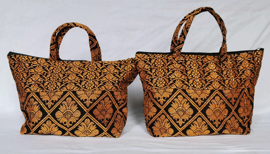 Assam Ethnic Cotton Handmade Tote Bag (Black & Orange)