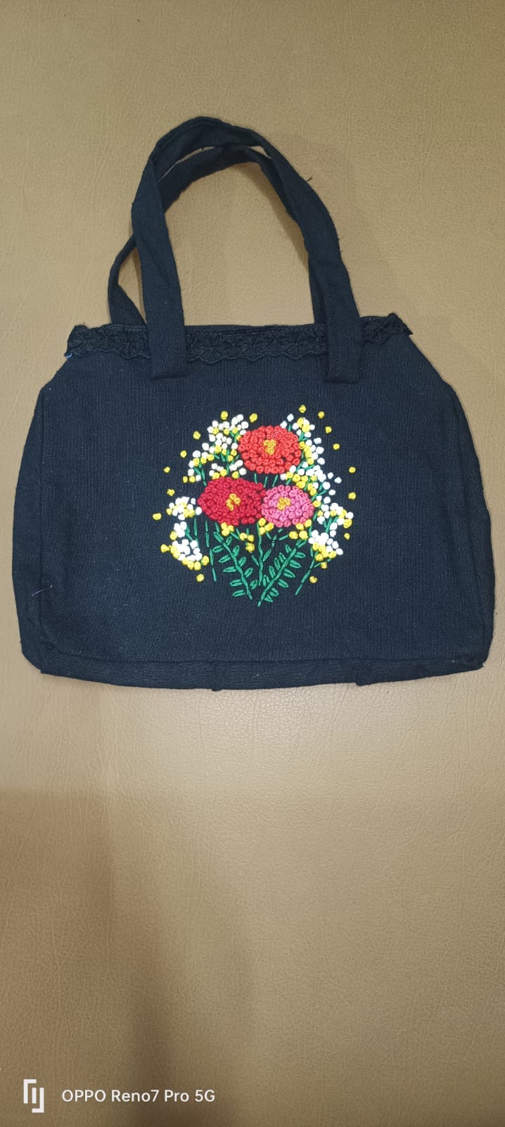 Hand Work Design Embroidery Washable Cotton Bag (Black)