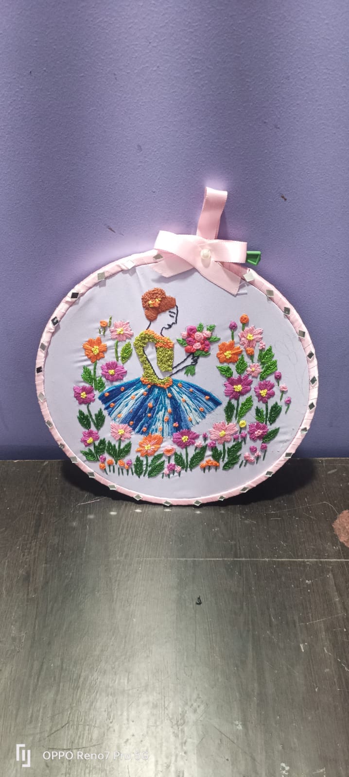 Pure Handwork Embroidery Wall Hoop – Floral Girl Design