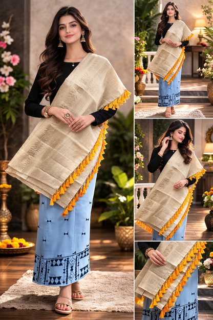 Assamese Handwoven Pure Muga Sador with Dohi Gutha (Only Sador)