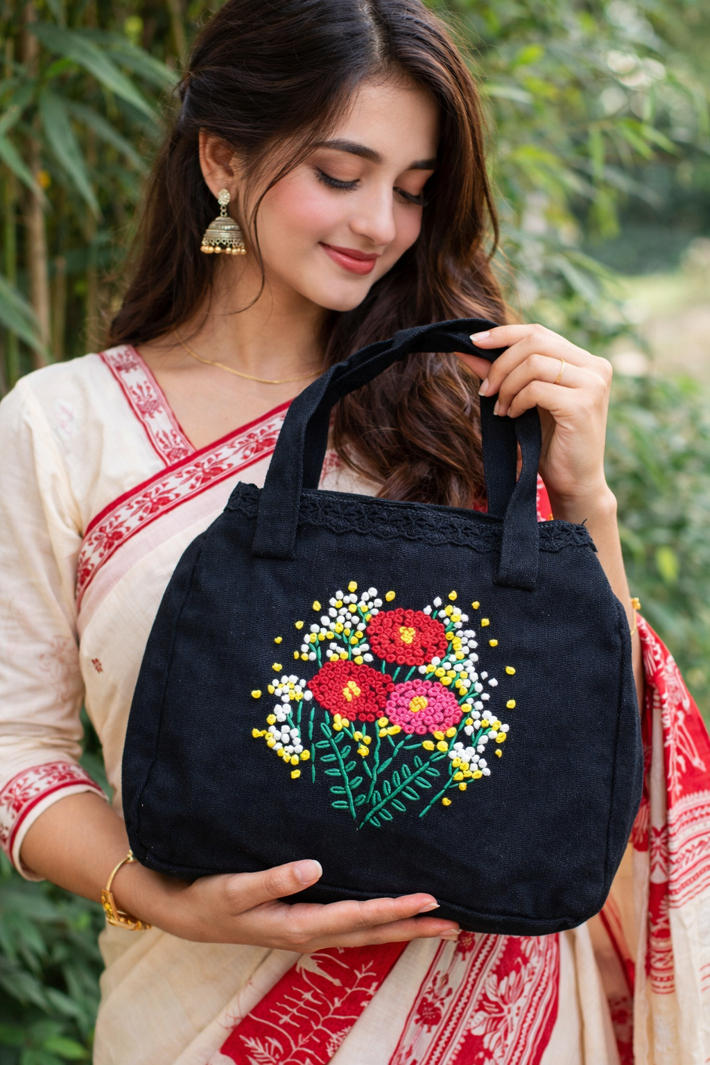 Hand Work Design Embroidery Washable Cotton Bag (Black)