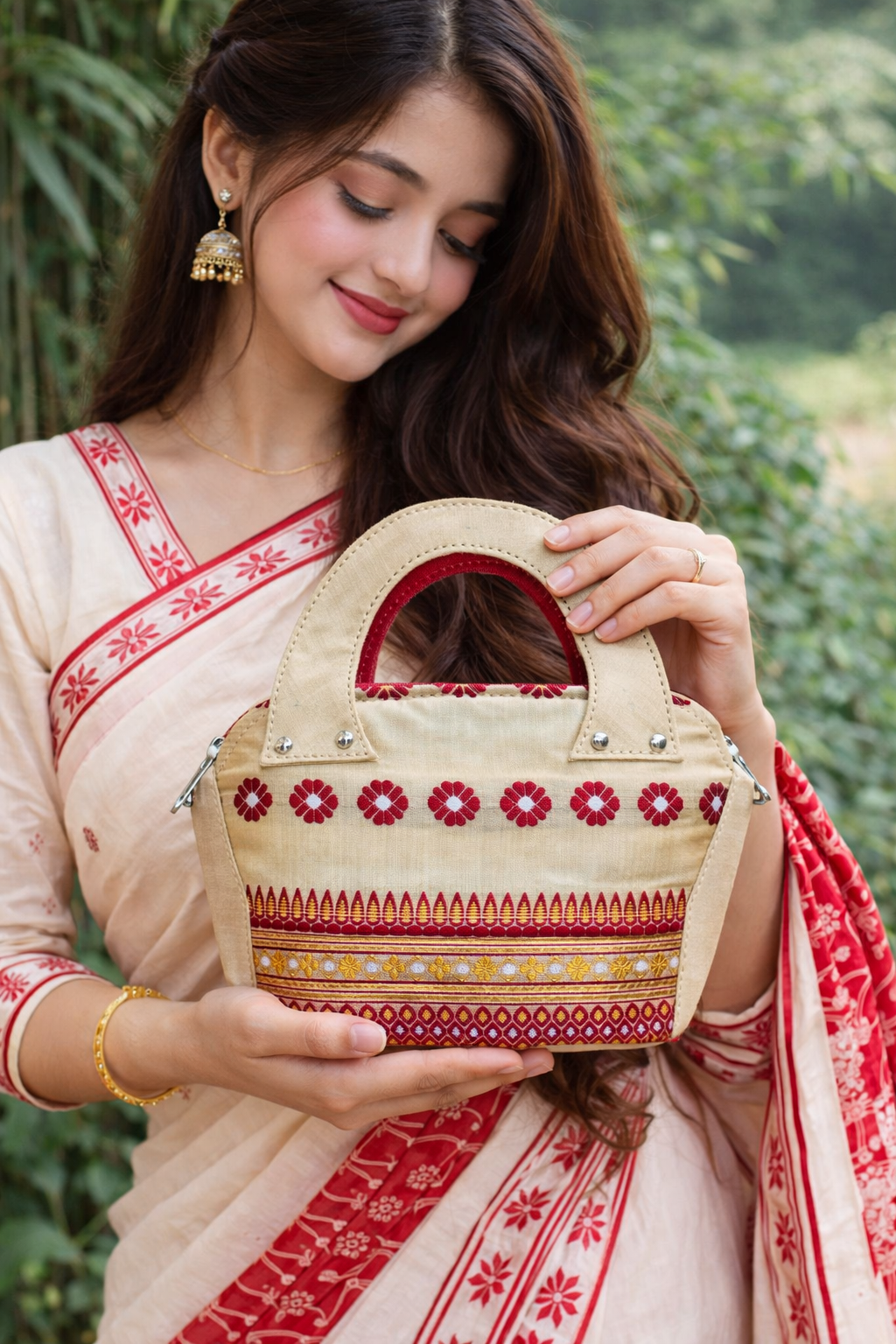 Handwork Designer Toss Muga Silk Ladies Purse with Assamese Touch Design