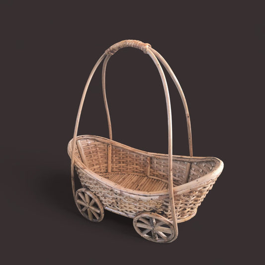 Handwoven Cane Baby Cradle Basket with Wheels (Decoration)