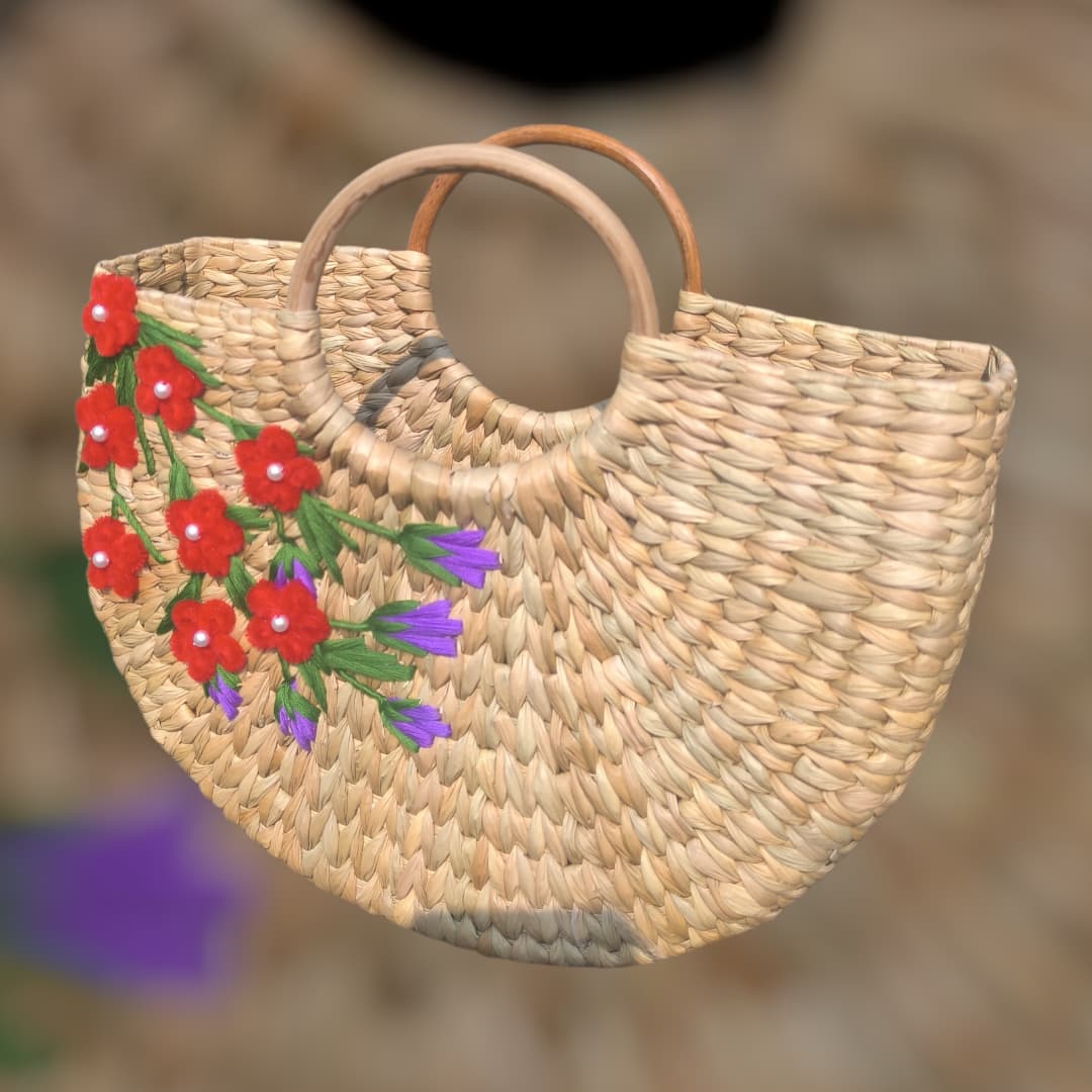 Kauna Grass U-Shape Embroidery Design Handbag (Blue / Pink / Red)