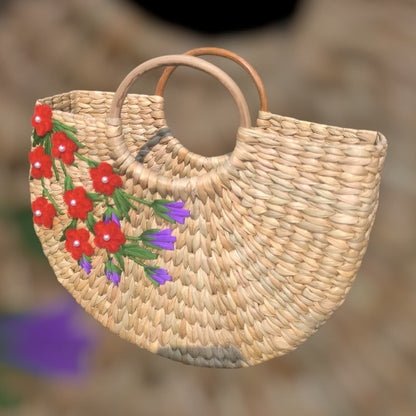 Kauna Grass U-Shape Embroidery Design Handbag (Blue / Pink / Red)