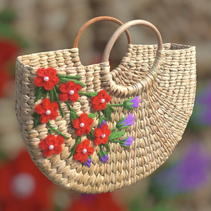 Kauna Grass U-Shape Embroidery Design Handbag (Blue / Pink / Red)