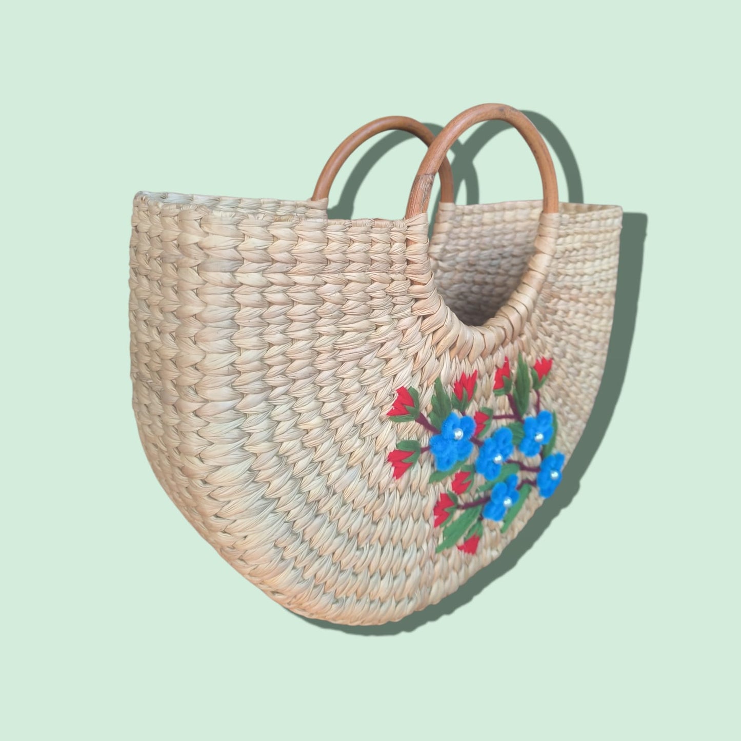 Kauna Grass U-Shape Embroidery Design Handbag (Blue / Pink / Red)