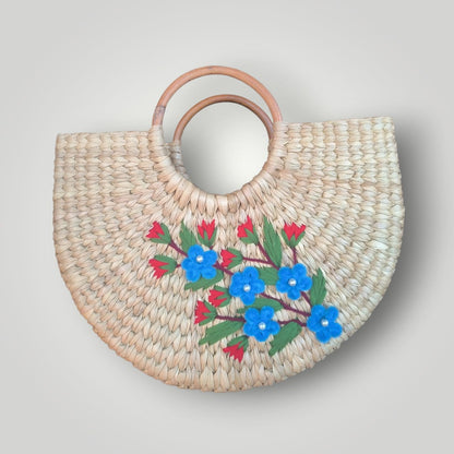Kauna Grass U-Shape Embroidery Design Handbag (Blue / Pink / Red)