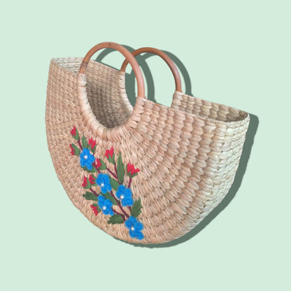 Kauna Grass U-Shape Embroidery Design Handbag (Blue / Pink / Red)