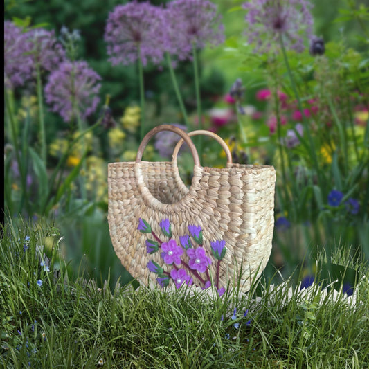 Kauna Grass U-Shape Embroidery Design Handbag (Blue / Pink / Red)