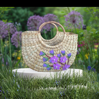 Kauna Grass U-Shape Embroidery Design Handbag (Blue / Pink / Red)