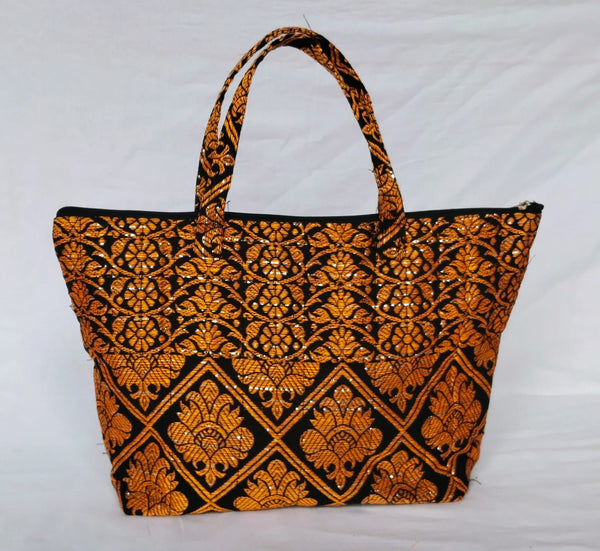 Assam Ethnic Cotton Handmade Tote Bag (Black & Orange)