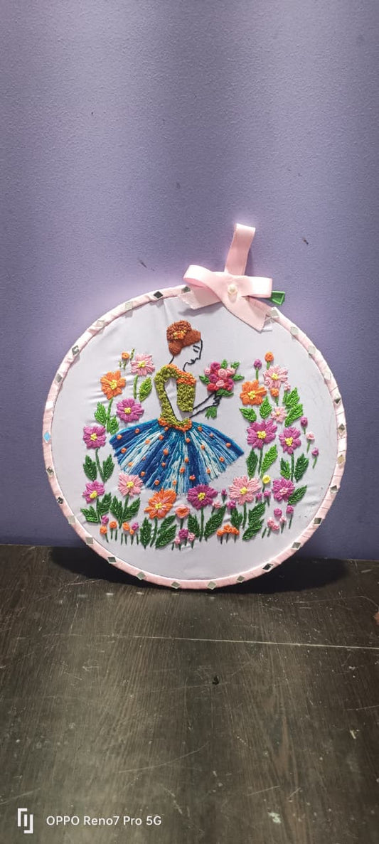 Pure Handwork Embroidery Wall Hoop – Floral Girl Design
