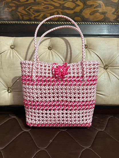 Handwoven Ladies Designer Plastic Bag ( Colour Pink & white )