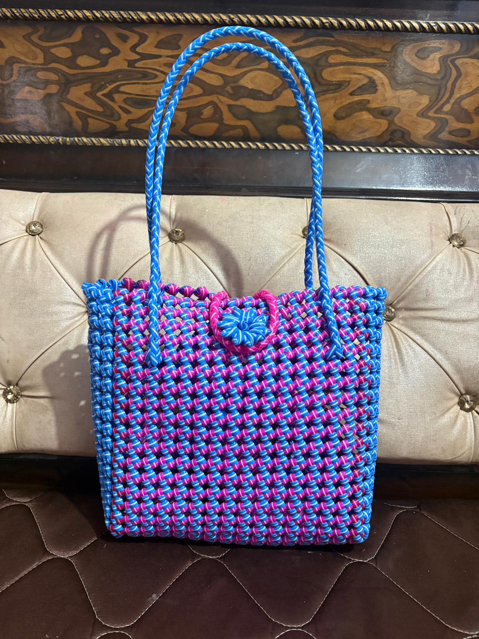 Handwoven Ladies Designer Plastic Bag (Colour Pink & Blue)
